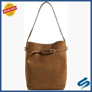Suede Belted Bucket Tote with Adjustable Strap, 14.25in Length